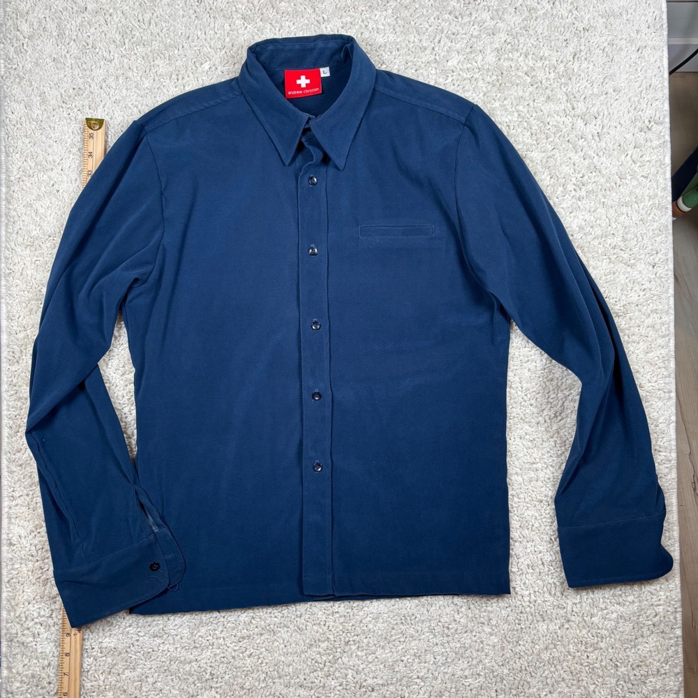 Andrew Christian Mens Navy Blue Long Sleeve Button Down‎ Shirt Size L Style 4287